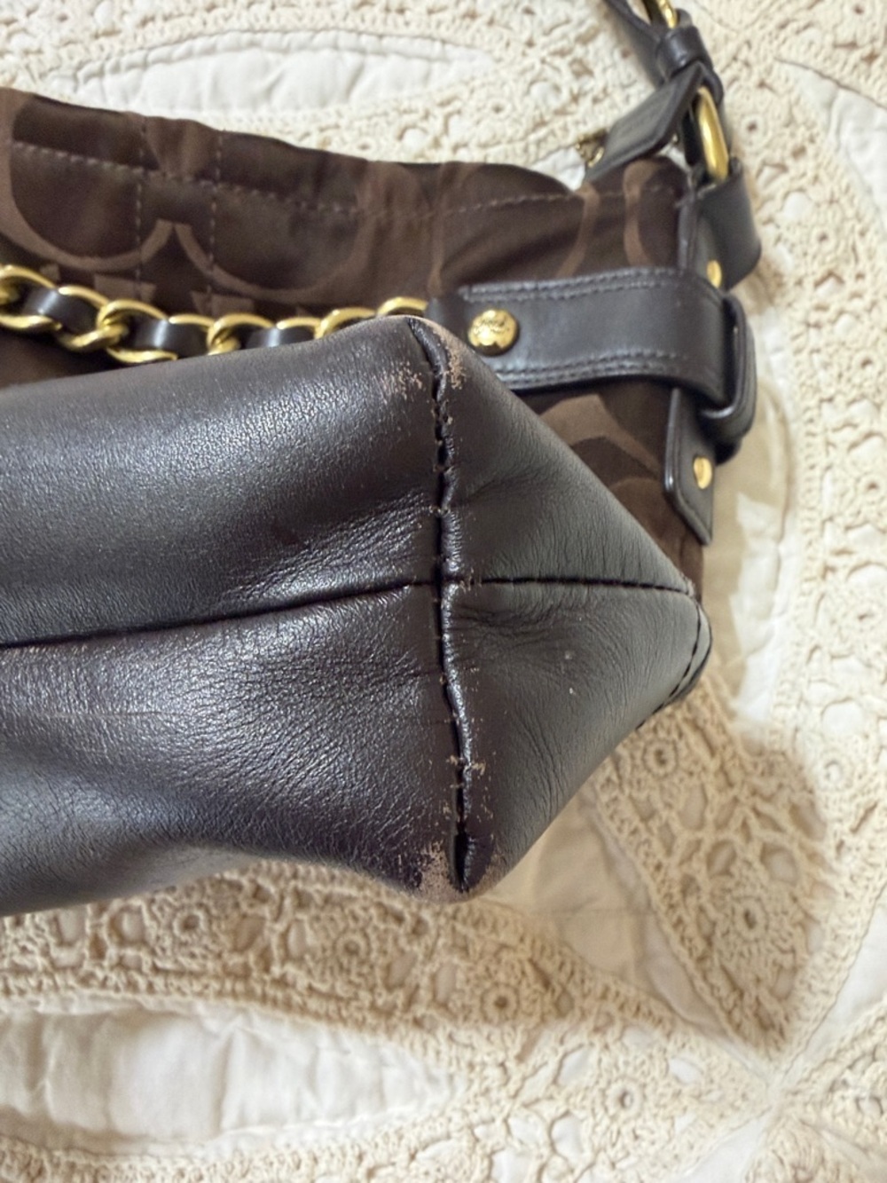 Coach Chocolate Brown Signature Sateen Leather Shoulder/Crossbody GoldTone Chain - Picture 7 of 15